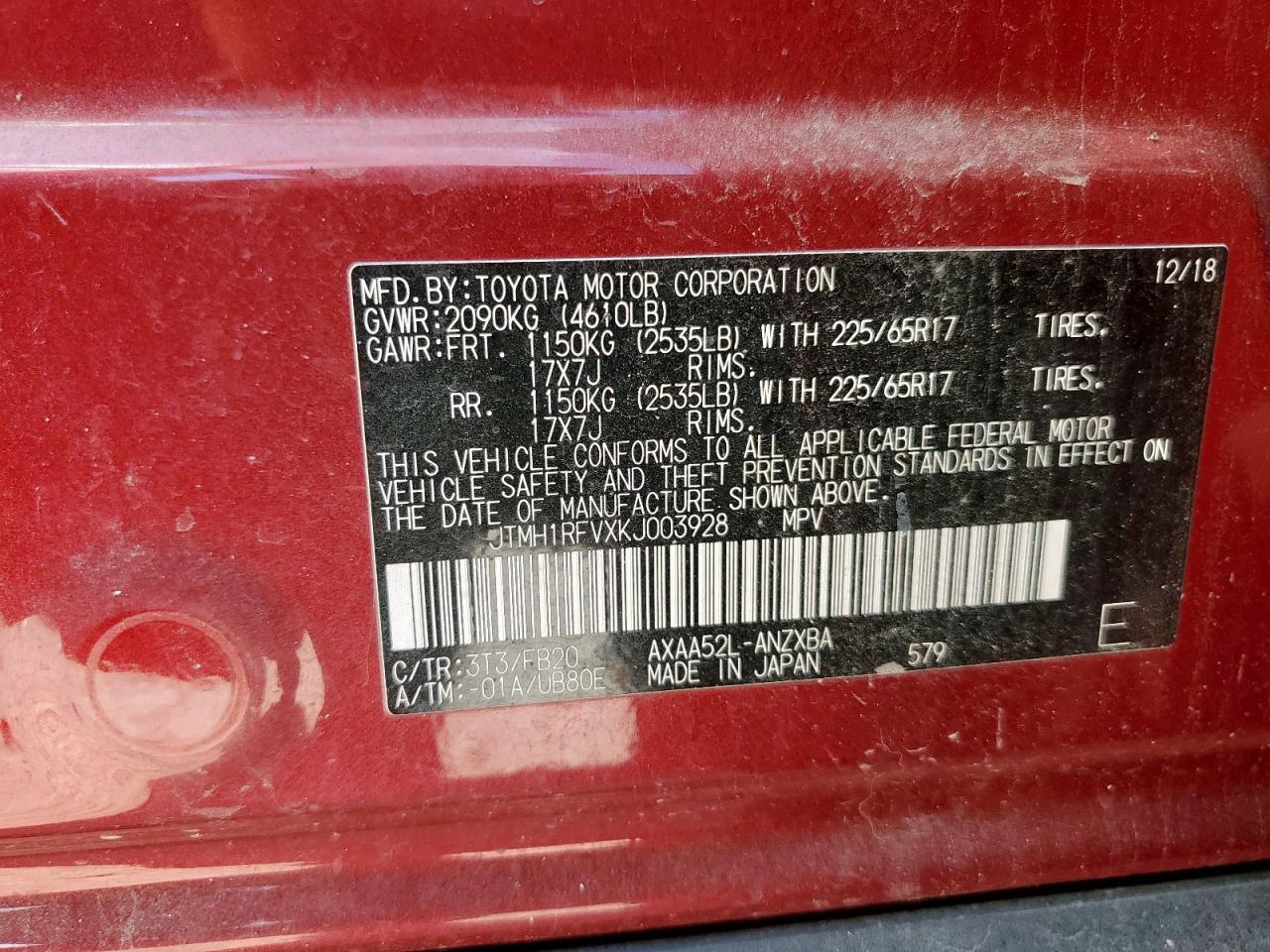 2019 Toyota Rav4 Le VIN: JTMH1RFVXKJ003928 Lot: 85883205