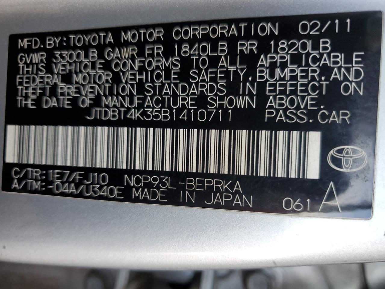 2011 Toyota Yaris VIN: JTDBT4K35B1410711 Lot: 84932145