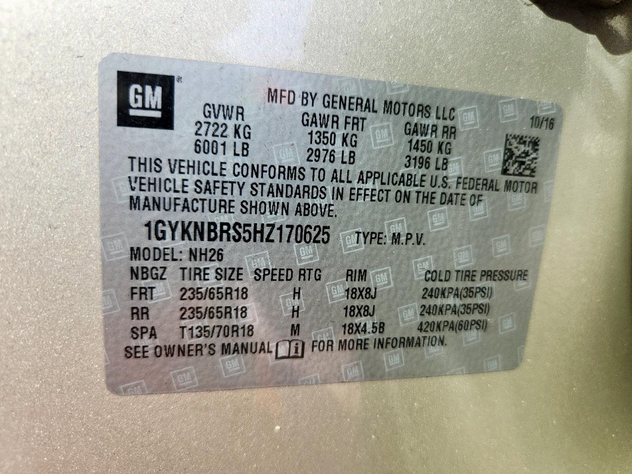 2017 Cadillac Xt5 Luxury VIN: 1GYKNBRS5HZ170625 Lot: 86683765