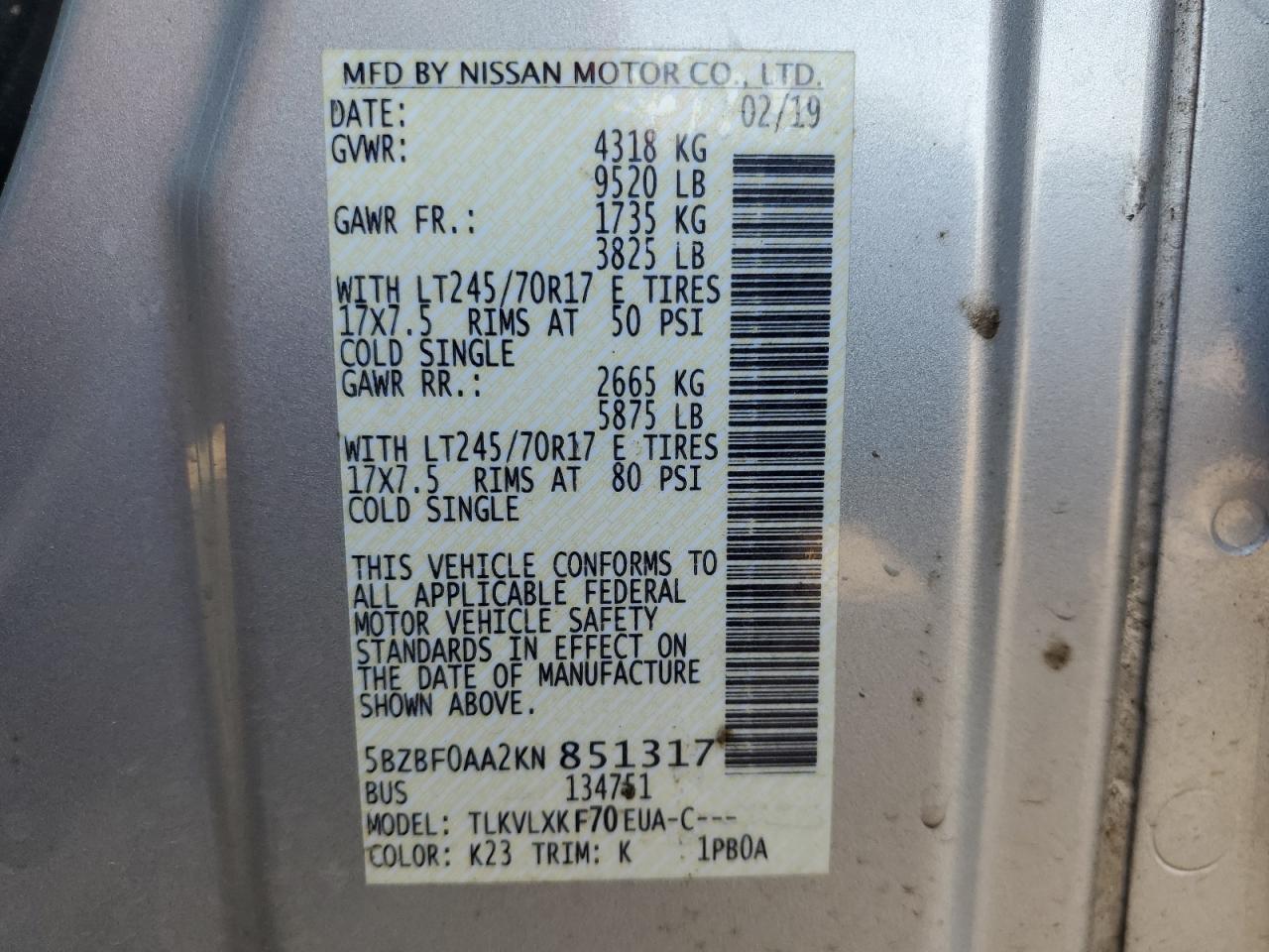 2019 Nissan Nv 3500 VIN: 5BZBF0AA2KN851317 Lot: 86331065