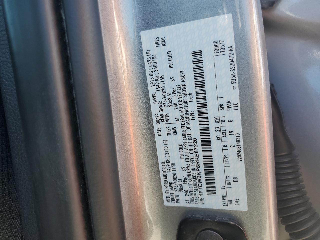 2024 Ford F150 Stx VIN: 1FTEW2KP8RKE87220 Lot: 85178315