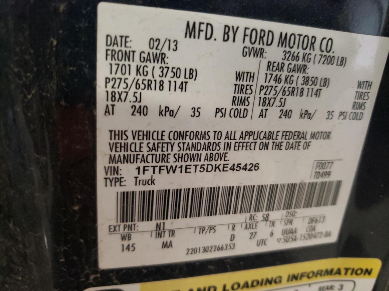 2013 Ford F150 Supercrew VIN: 1FTFW1ET5DKE45426 Lot: 85715455