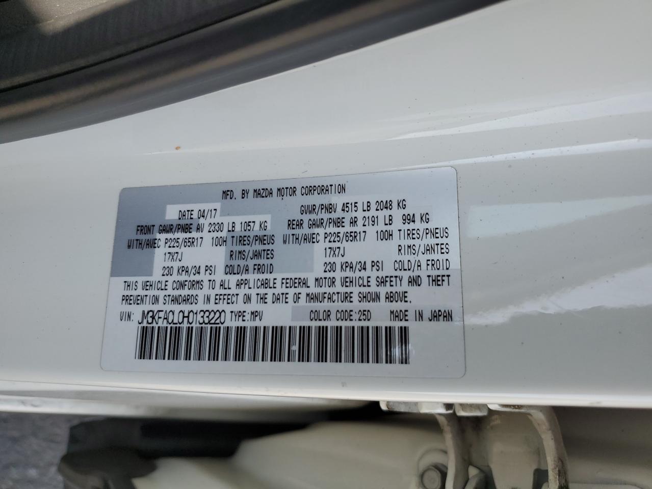 2017 Mazda Cx-5 Touring VIN: JM3KFACL0H0133220 Lot: 85173615