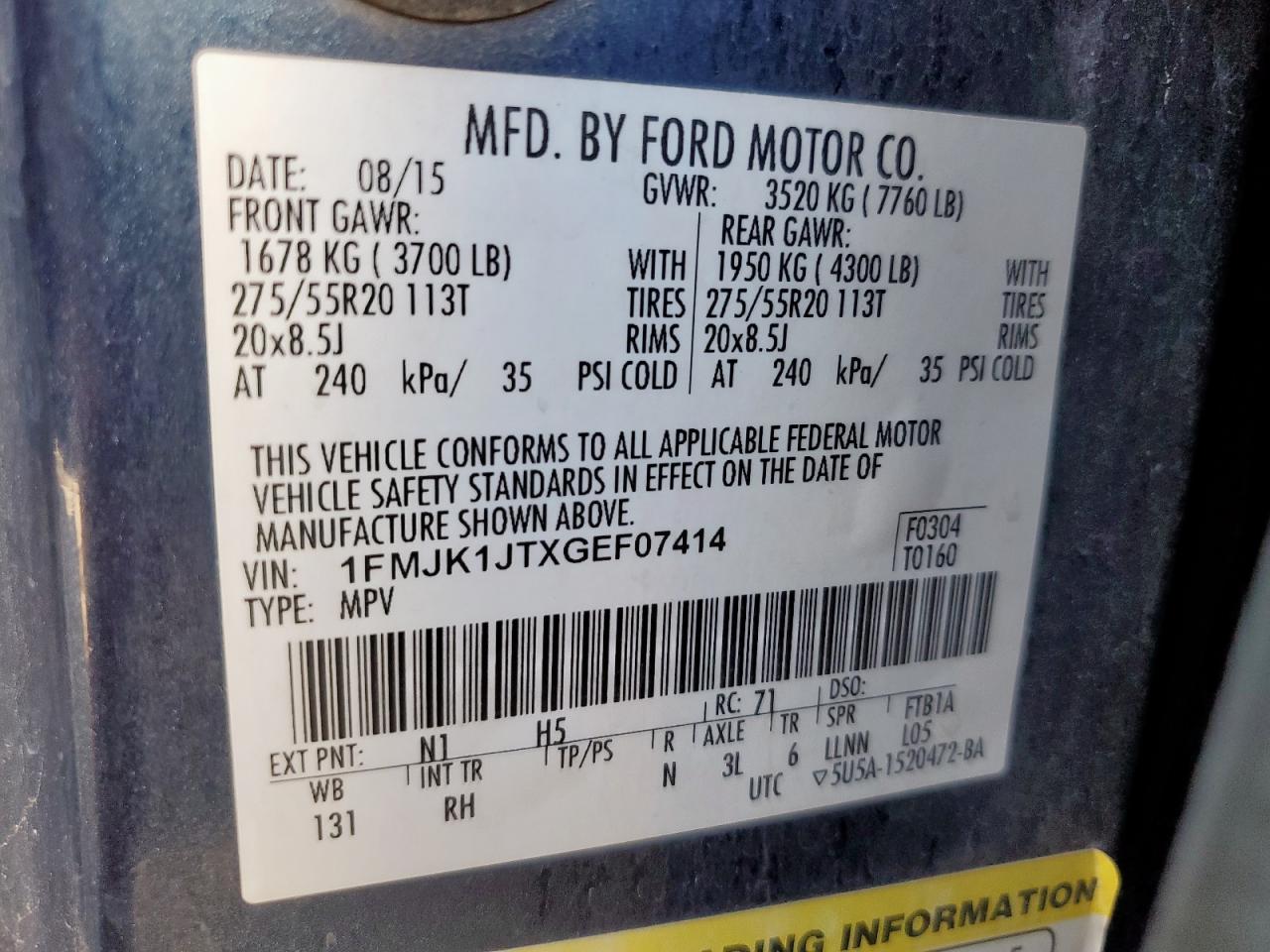 2016 Ford Expedition El Xlt VIN: 1FMJK1JTXGEF07414 Lot: 82250155