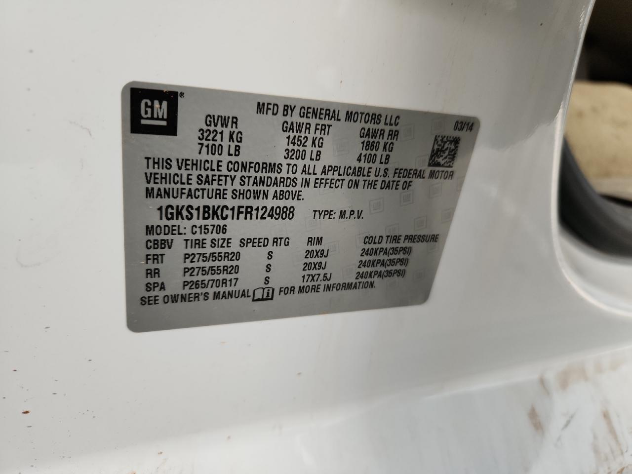 2015 GMC Yukon Slt VIN: 1GKS1BKC1FR124988 Lot: 89638235