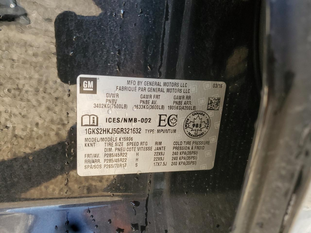 2016 GMC Yukon Xl Denali VIN: 1GKS2HKJ5GR321632 Lot: 90835395