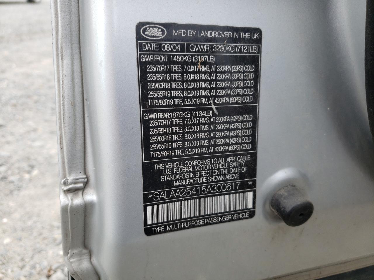 2005 Land Rover Lr3 VIN: SALAA25415A300617 Lot: 86586955