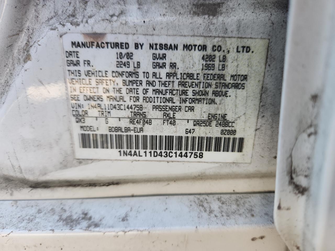 2003 Nissan Altima Base VIN: 1N4AL11D43C144758 Lot: 90119445