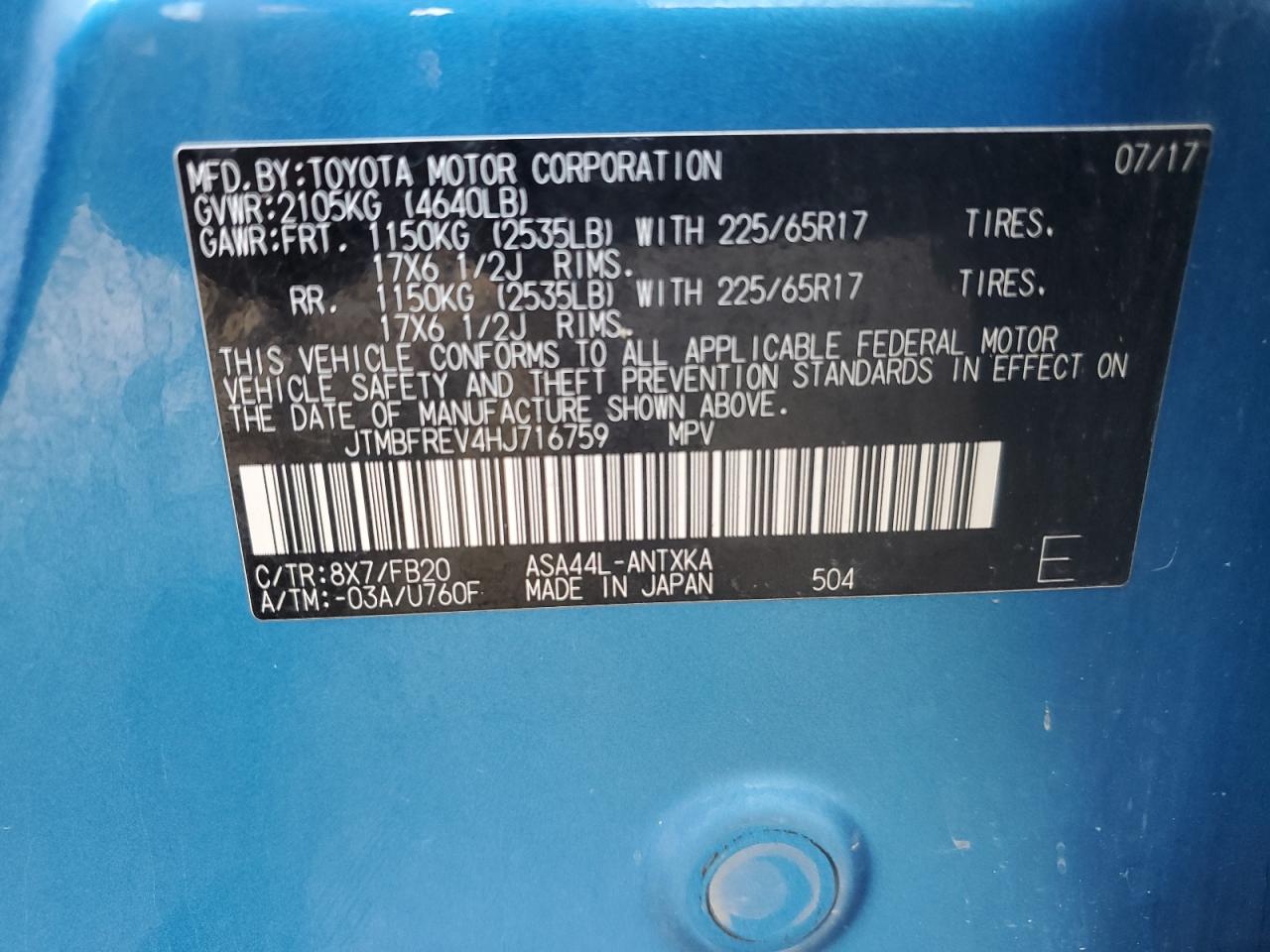 2017 Toyota Rav4 Le VIN: JTMBFREV4HJ716759 Lot: 81968245