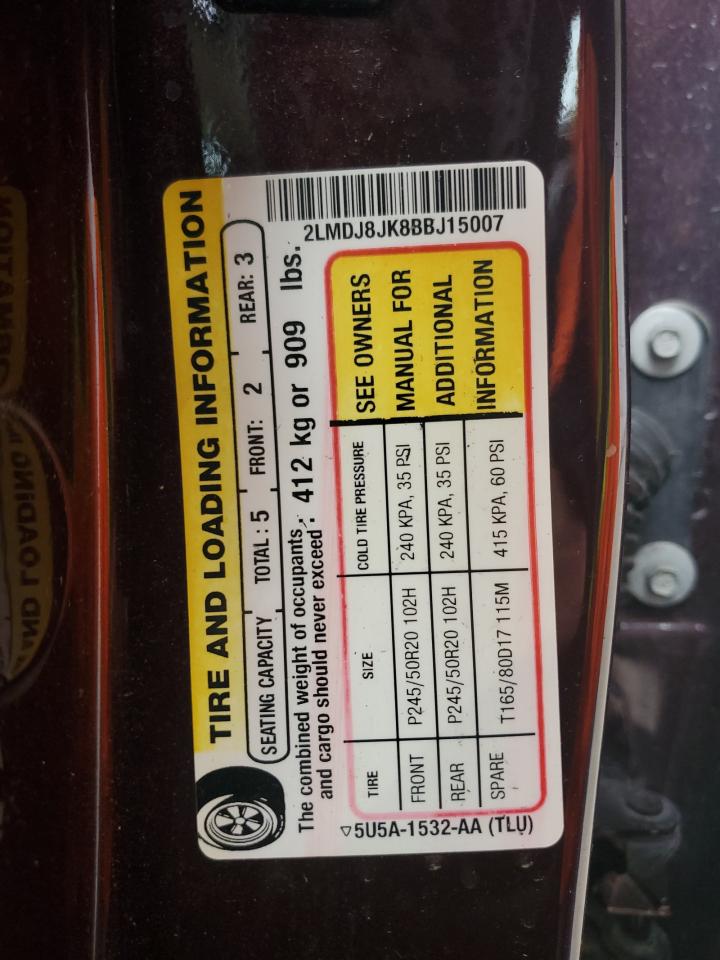 2011 Lincoln Mkx VIN: 2LMDJ8JK8BBJ15007 Lot: 85481835