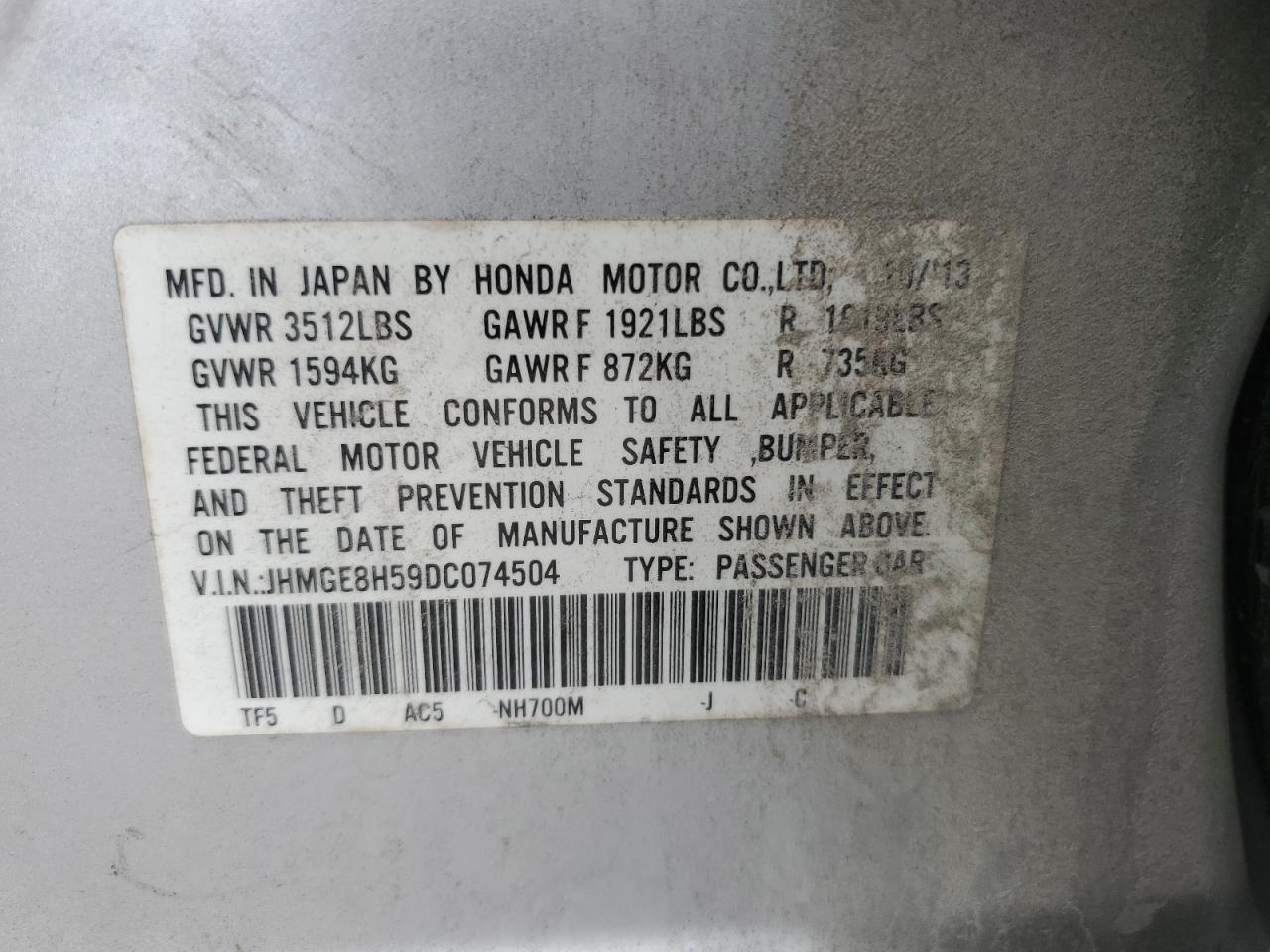 2013 Honda Fit Sport VIN: JHMGE8H59DC074504 Lot: 81729395