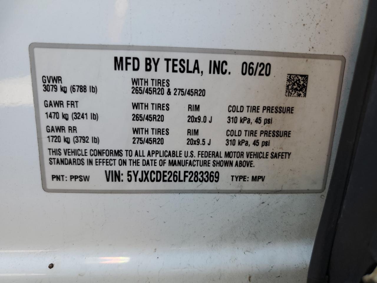 2020 Tesla Model X VIN: 5YJXCDE26LF283369 Lot: 85207345