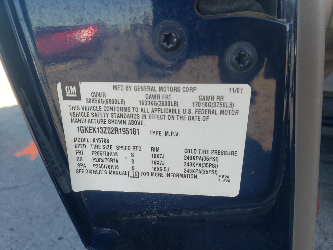 2002 GMC Yukon VIN: 1GKEK13Z02R195181 Lot: 87363565