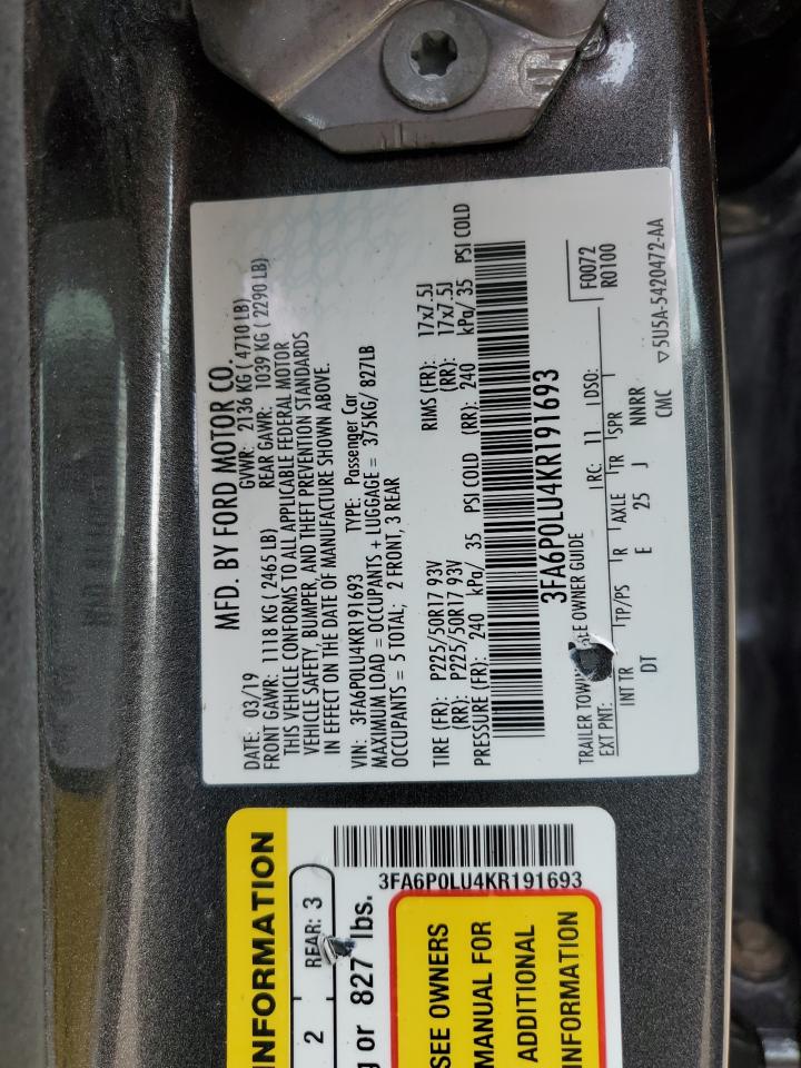 2019 Ford Fusion Se VIN: 3FA6P0LU4KR191693 Lot: 86503795