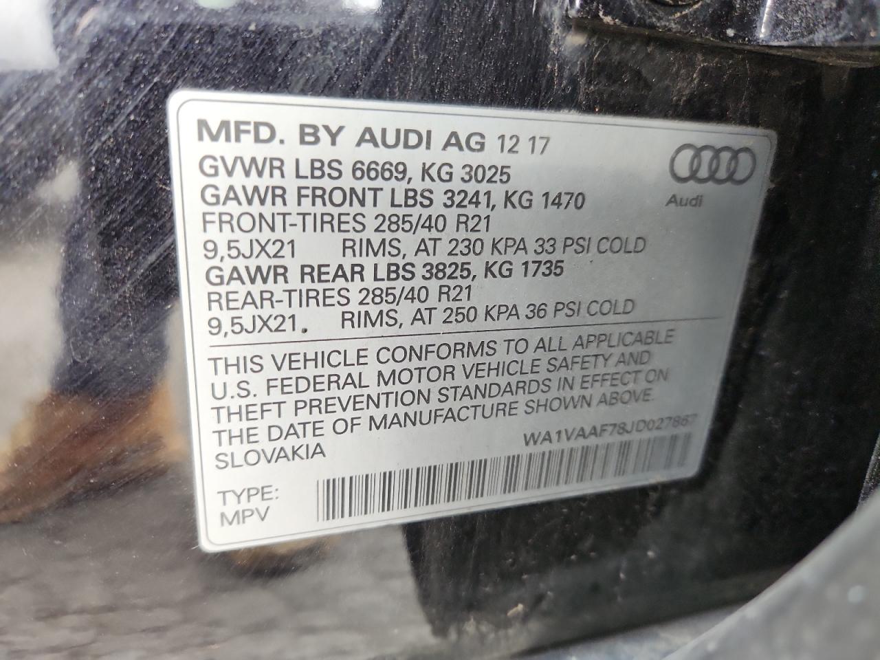 2018 Audi Q7 Prestige VIN: WA1VAAF78JD027867 Lot: 91106985