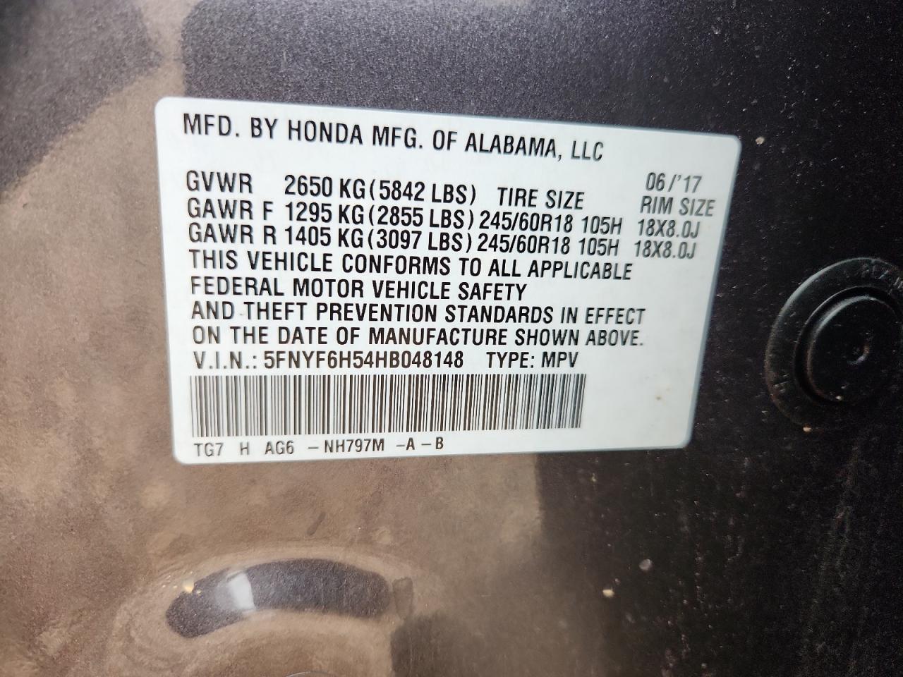 2017 Honda Pilot Exl VIN: 5FNYF6H54HB048148 Lot: 90104665