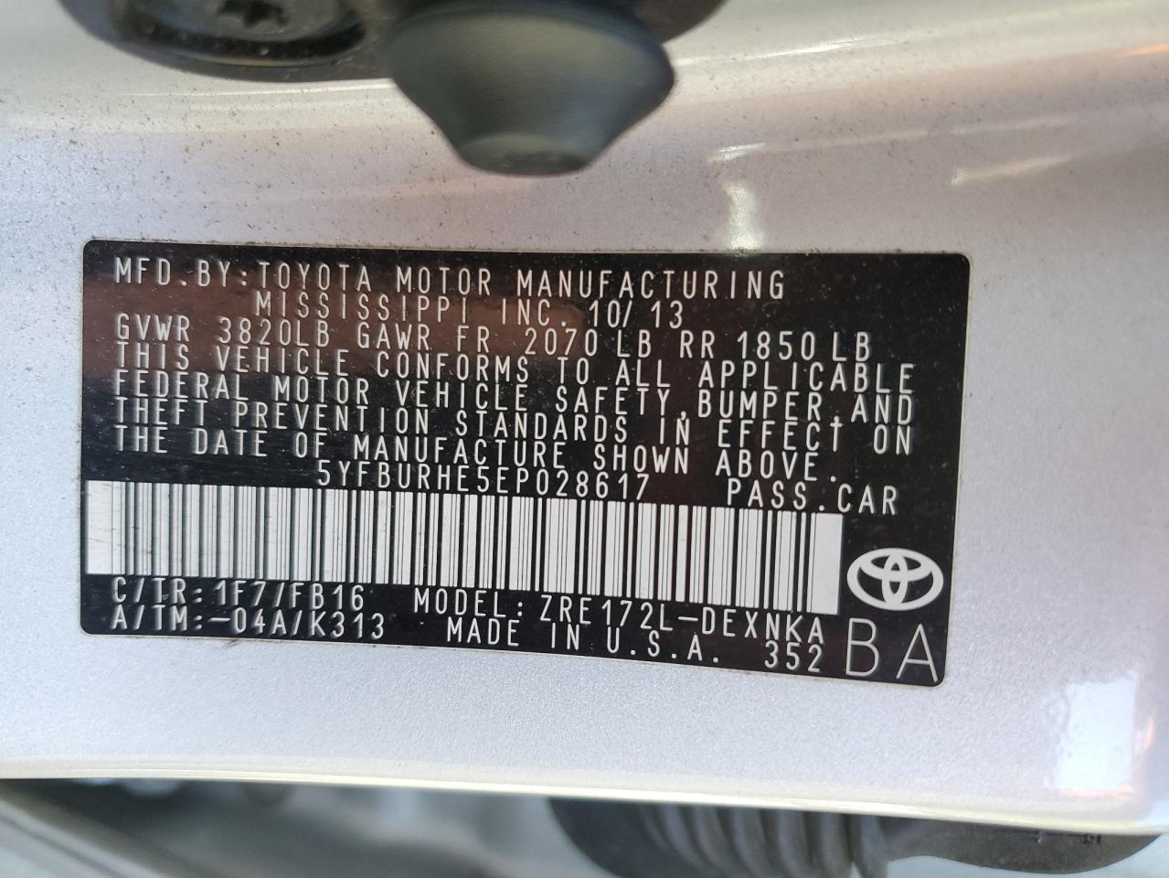 2014 Toyota Corolla L VIN: 5YFBURHE5EP028617 Lot: 85476085