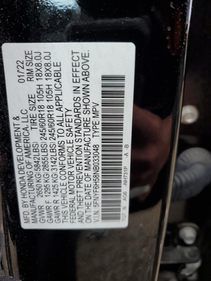 2022 Honda Pilot Exl VIN: 5FNYF6H58NB033048 Lot: 91022635