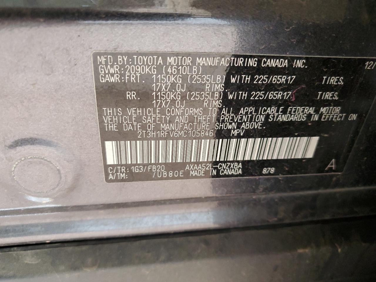 2021 Toyota Rav4 Le VIN: 2T3H1RFV6MC105846 Lot: 82355865