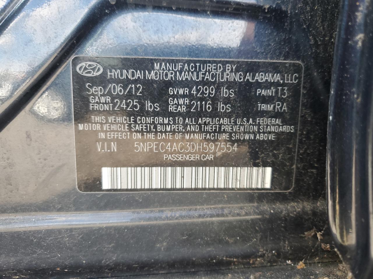 2013 Hyundai Sonata Se VIN: 5NPEC4AC3DH597554 Lot: 85563285