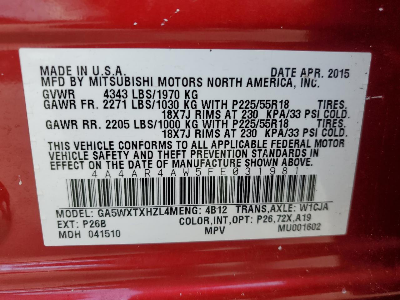 2015 Mitsubishi Outlander Sport Se VIN: 4A4AR4AW5FE031981 Lot: 85104345