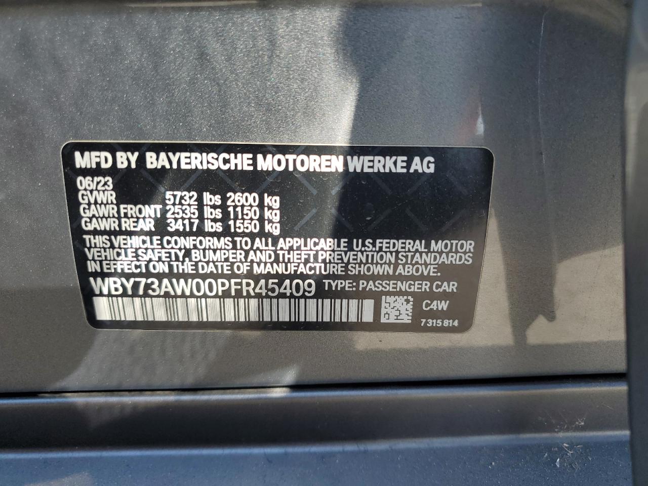 2023 BMW I4 Edrive 40 VIN: WBY73AW00PFR45409 Lot: 81994905