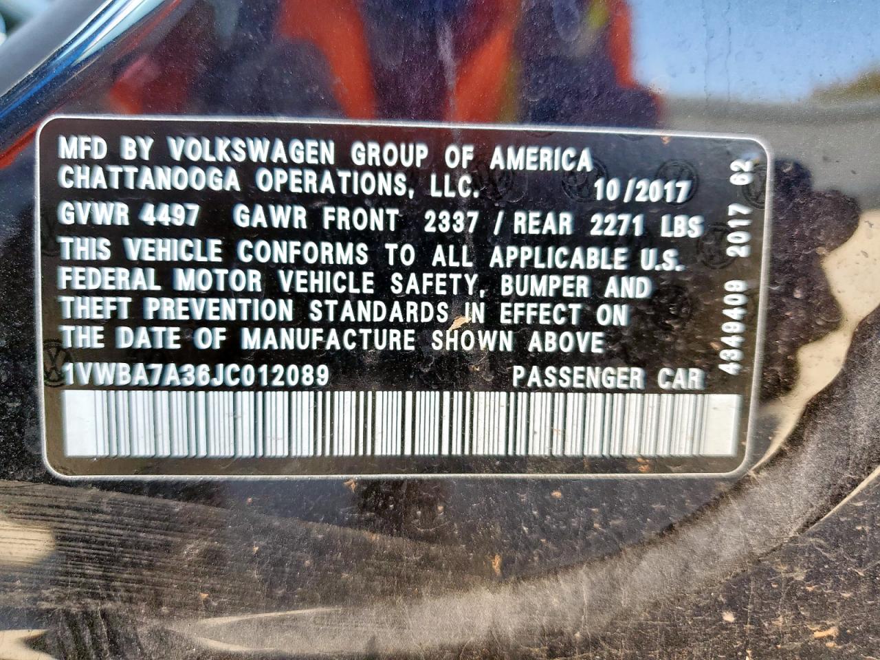 2018 Volkswagen Passat Se VIN: 1VWBA7A36JC012089 Lot: 85920125