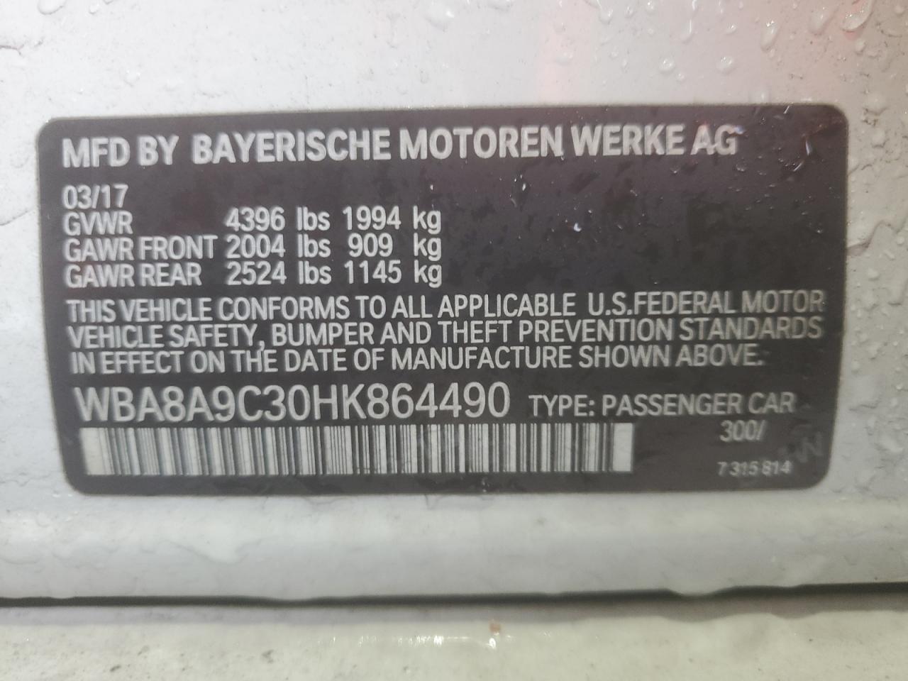 2017 BMW 320 I VIN: WBA8A9C30HK864490 Lot: 84792935