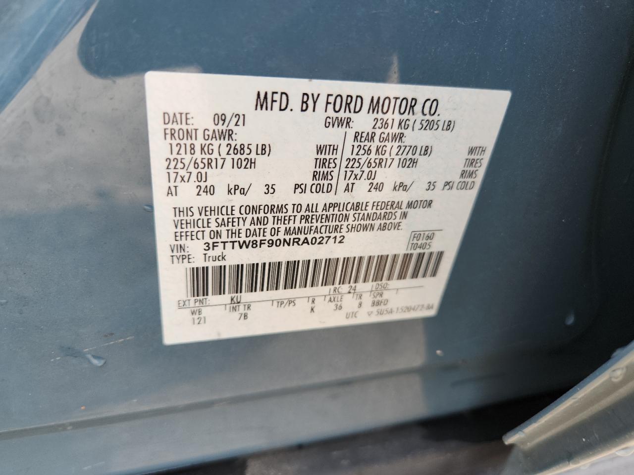 2022 Ford Maverick Xl VIN: 3FTTW8F90NRA02712 Lot: 84594065