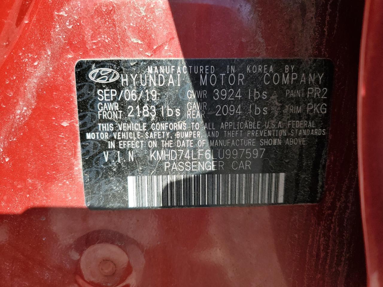 2020 Hyundai Elantra Se VIN: KMHD74LF6LU997597 Lot: 82414535