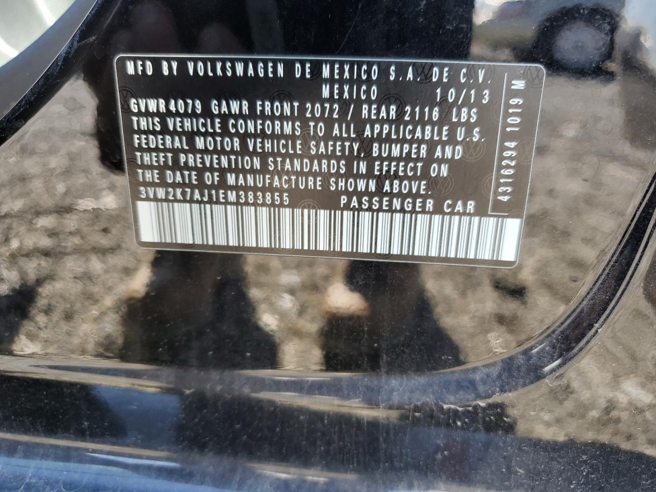 2014 Volkswagen Jetta Base VIN: 3VW2K7AJ1EM383855 Lot: 84776735