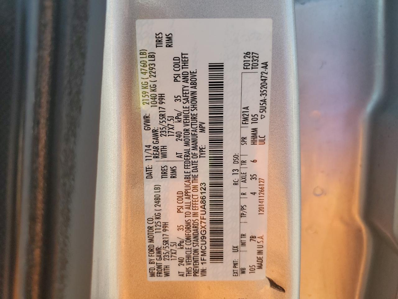 2015 Ford Escape Se VIN: 1FMCU9GX7FUA86123 Lot: 83993005