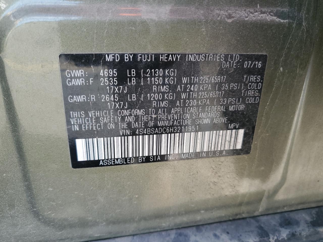 2017 Subaru Outback 2.5I Premium VIN: 4S4BSADC6H3211951 Lot: 82293105