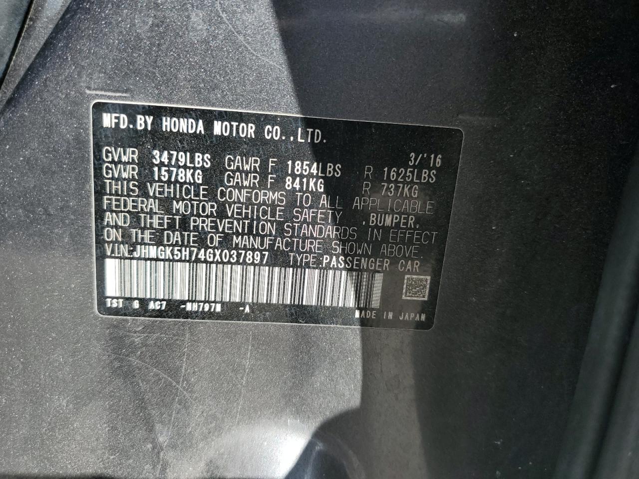 2016 Honda Fit Ex VIN: JHMGK5H74GX037897 Lot: 84595955