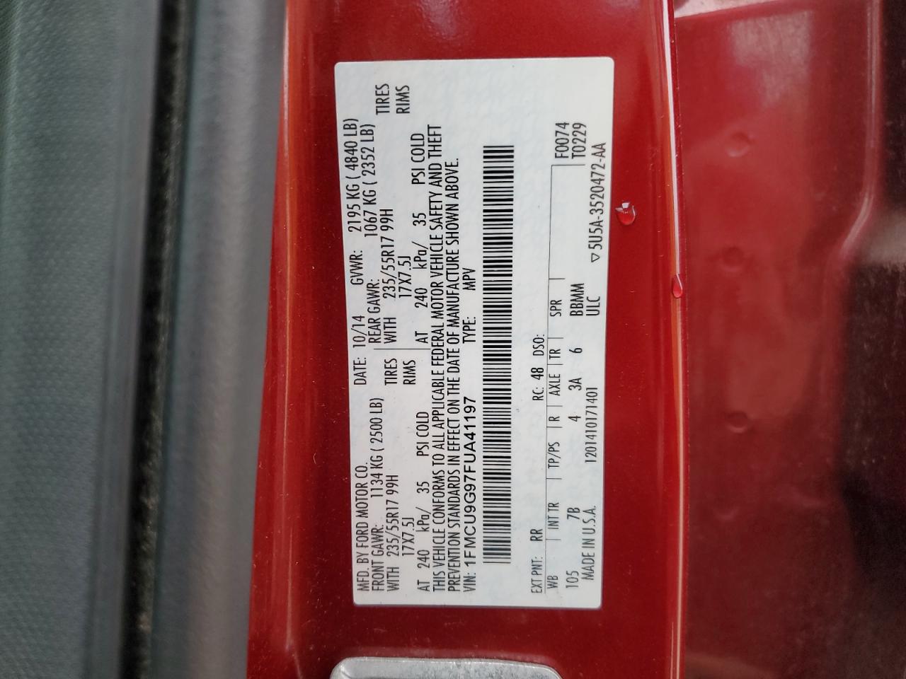 2015 Ford Escape Se VIN: 1FMCU9G97FUA41197 Lot: 85719505