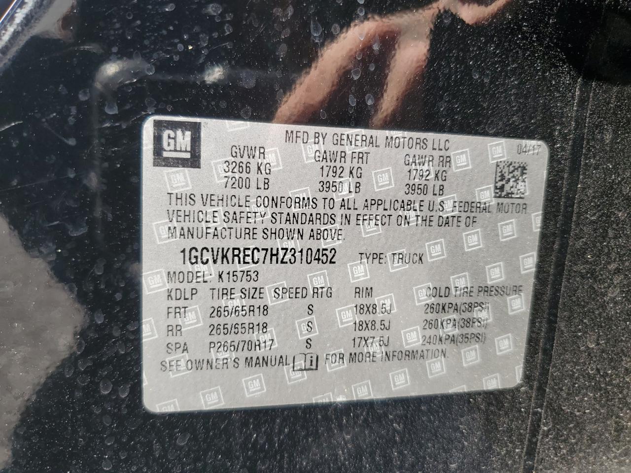 2017 Chevrolet Silverado K1500 Lt VIN: 1GCVKREC7HZ310452 Lot: 85261505