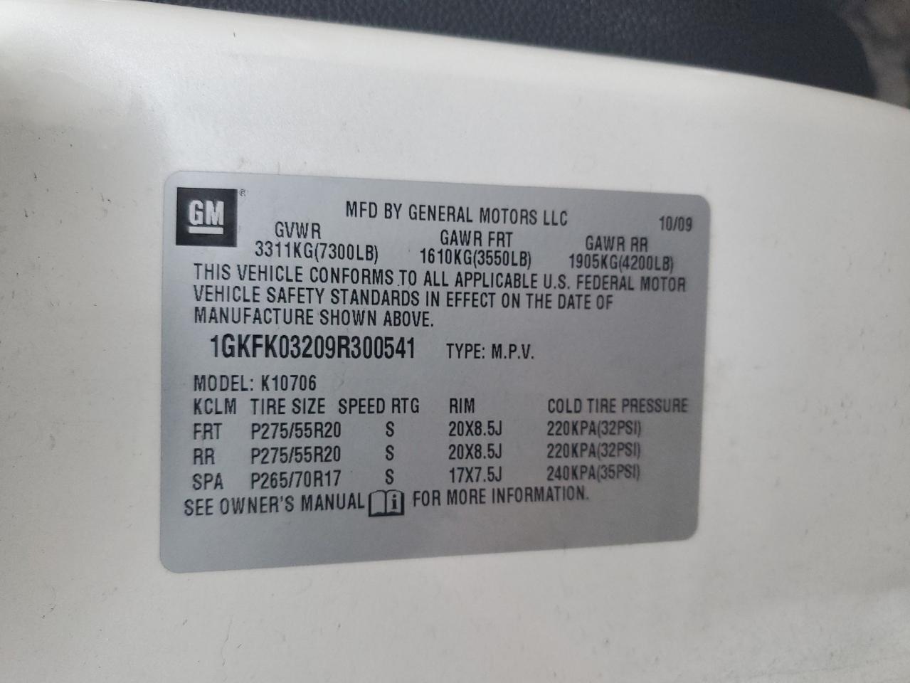 2009 GMC Yukon Denali VIN: 1GKFK03209R300541 Lot: 82566255