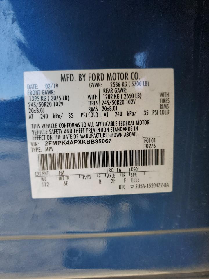 2019 Ford Edge St VIN: 2FMPK4APXKBB85067 Lot: 86844255