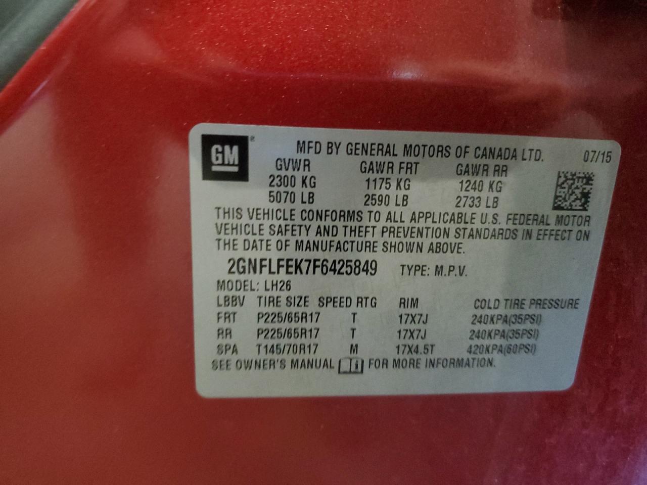 2015 Chevrolet Equinox Lt VIN: 2GNFLFEK7F6425849 Lot: 84880785