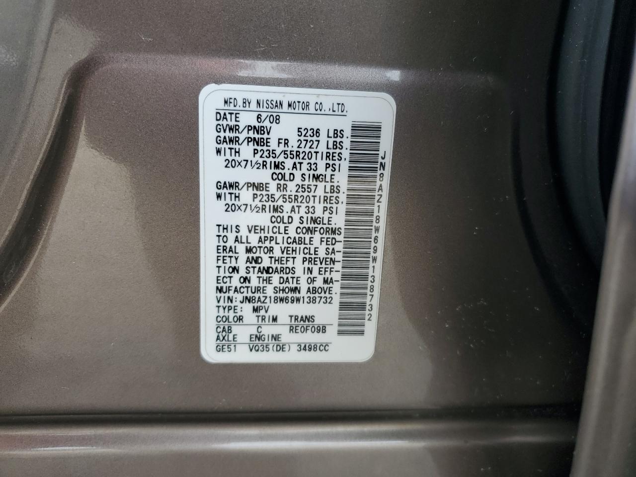 2009 Nissan Murano S VIN: JN8AZ18W69W138732 Lot: 85480725