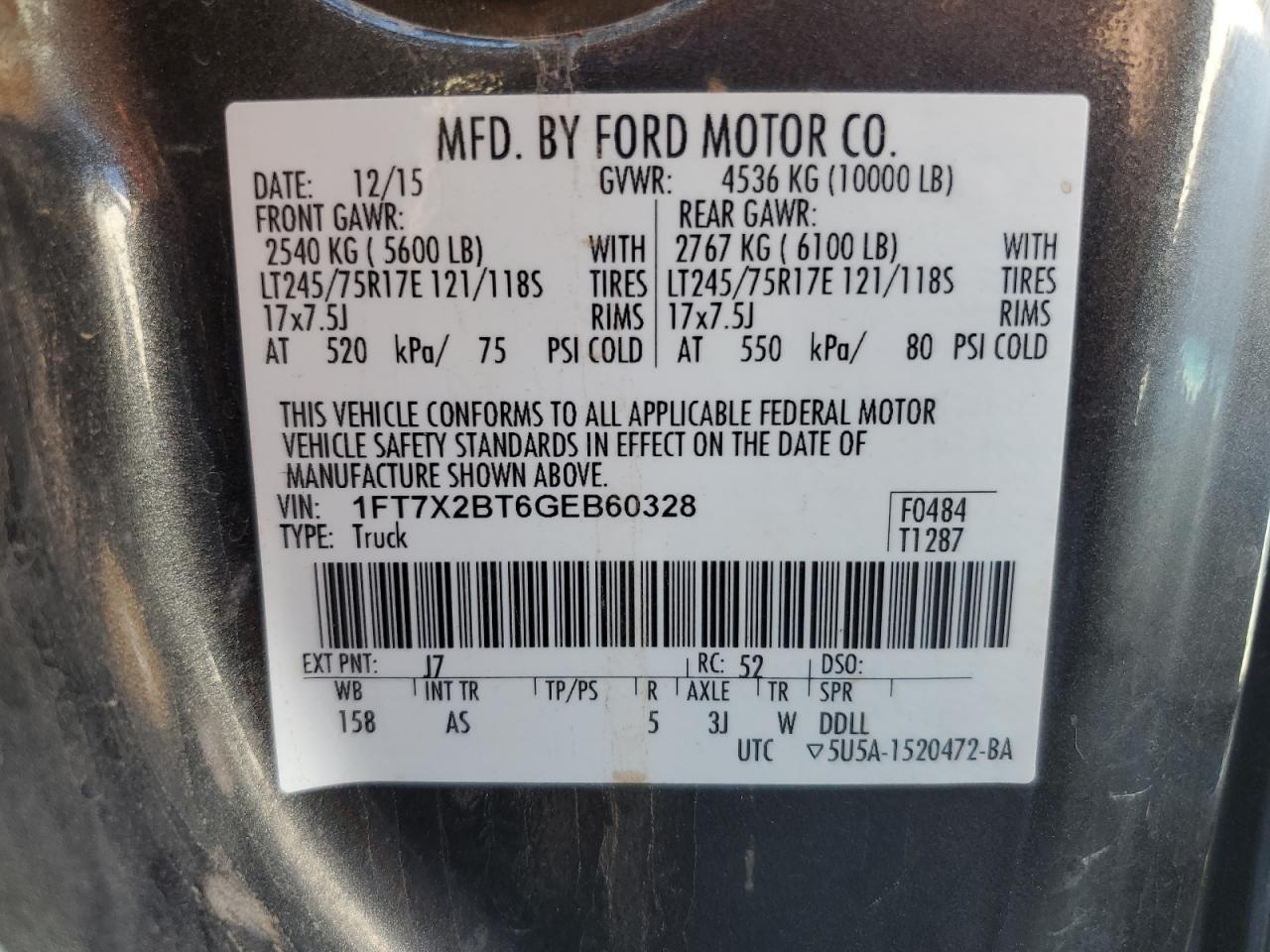 2016 Ford F250 Super Duty VIN: 1FT7X2BT6GEB60328 Lot: 82784205