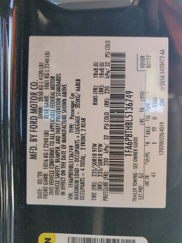 2020 Ford Mustang VIN: 1FA6P8TH8L5136749 Lot: 89842305