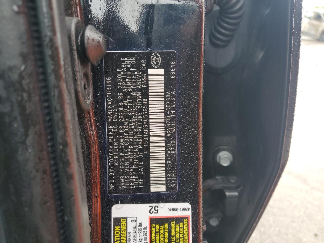 2021 Toyota Camry Se VIN: 4T1S31AK6MU559598 Lot: 82227265