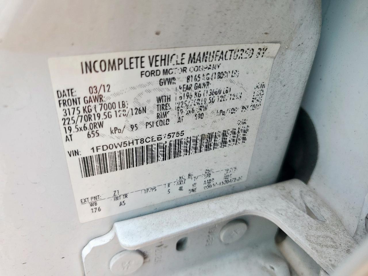 2012 Ford F550 Super Duty VIN: 1FD0W5HT8CEB75755 Lot: 85513105