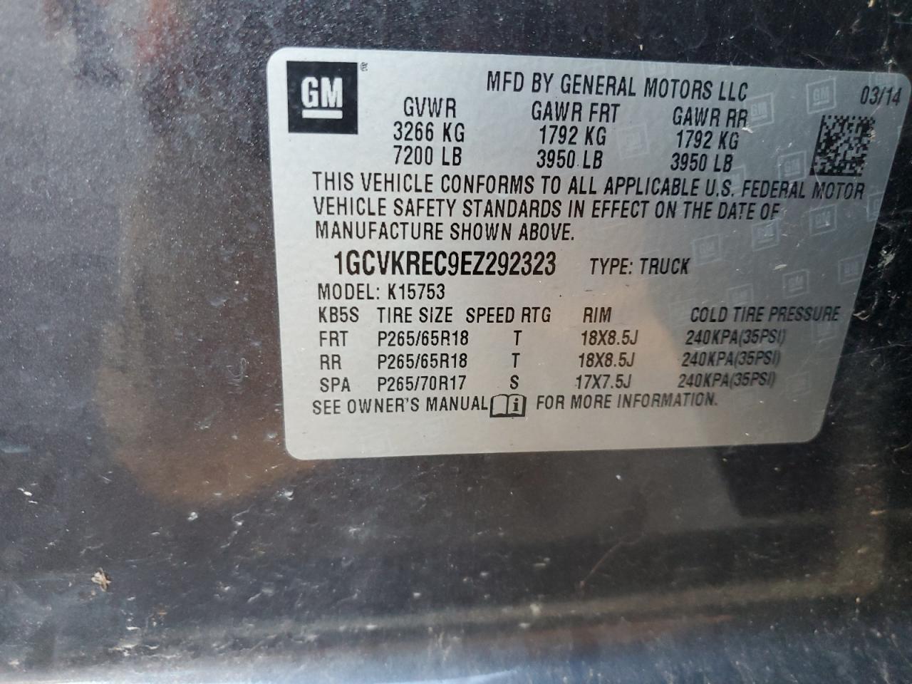 2014 Chevrolet Silverado K1500 Lt VIN: 1GCVKREC9EZ292323 Lot: 85385025