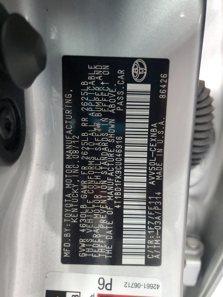 2012 Toyota Camry Hybrid VIN: 4T1BD1FK9CU046916 Lot: 82291815