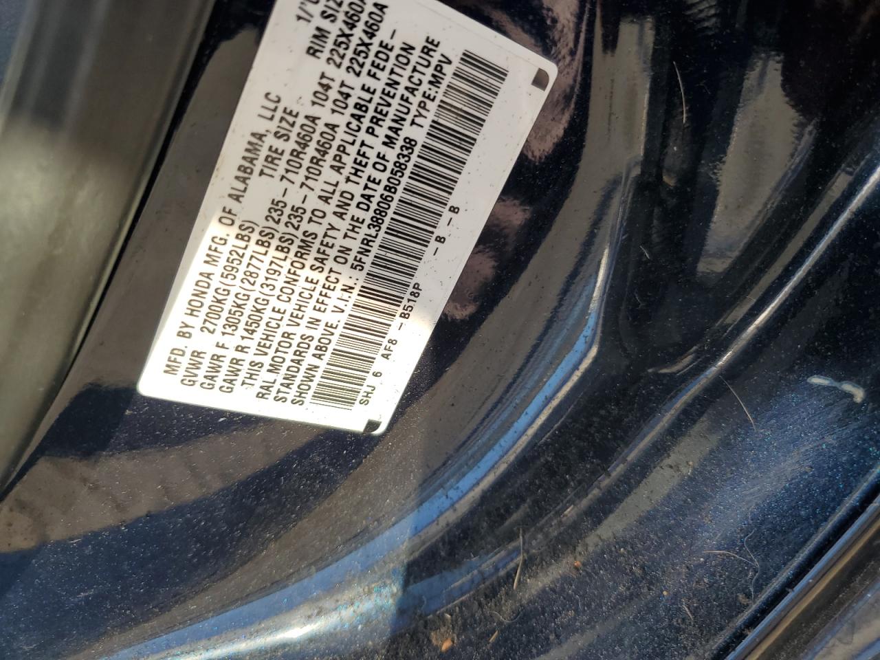 2006 Honda Odyssey Touring VIN: 5FNRL38806B058338 Lot: 86288485