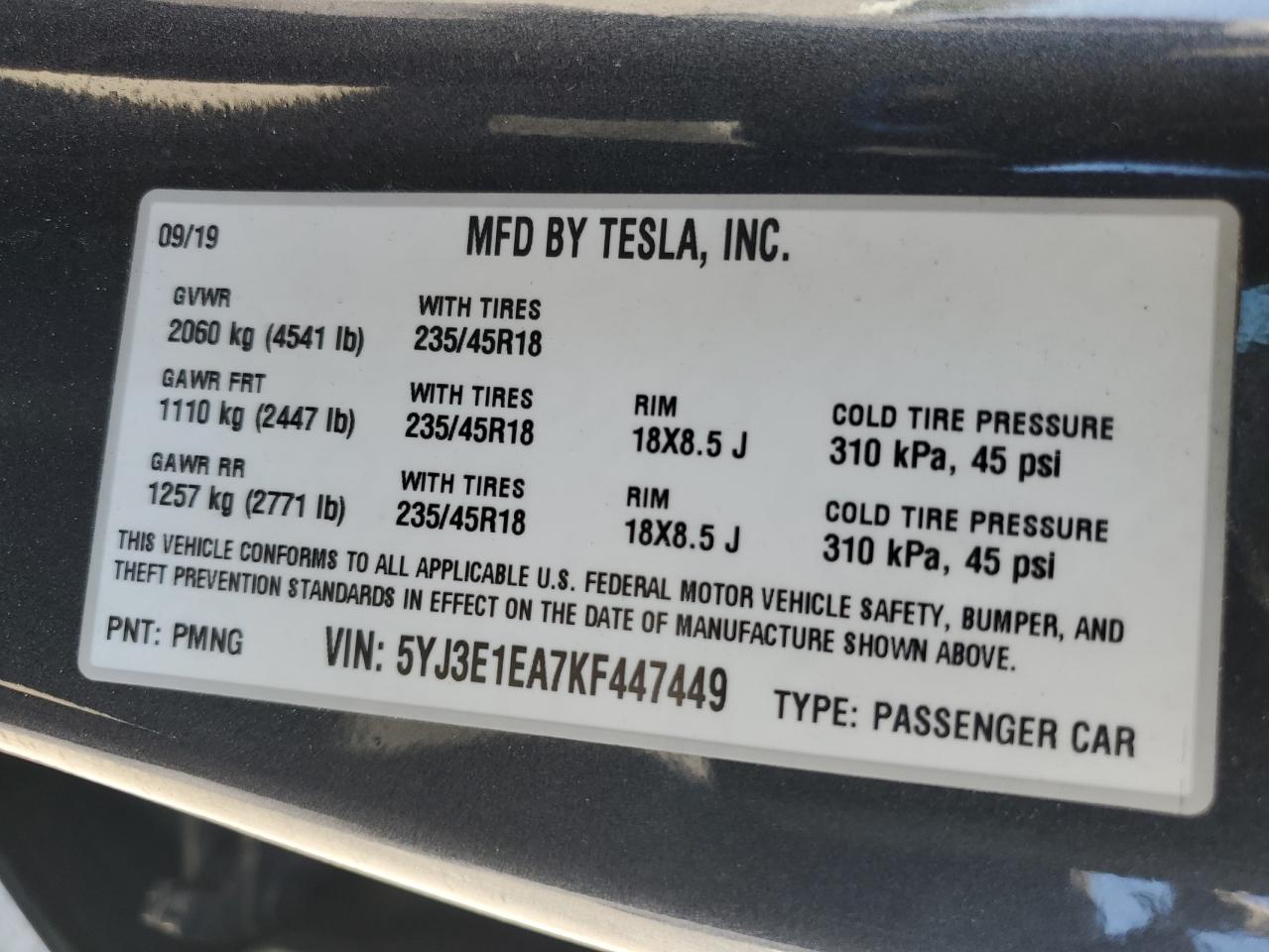 2019 Tesla Model 3 VIN: 5YJ3E1EA7KF447449 Lot: 84914475