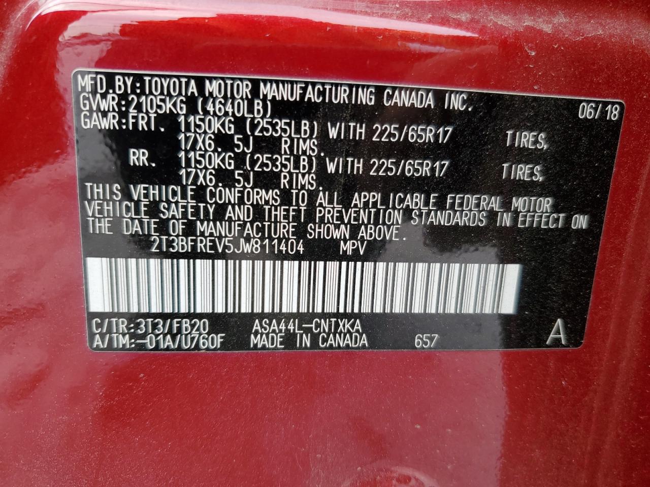 2018 Toyota Rav4 Le VIN: 2T3BFREV5JW811404 Lot: 86225165