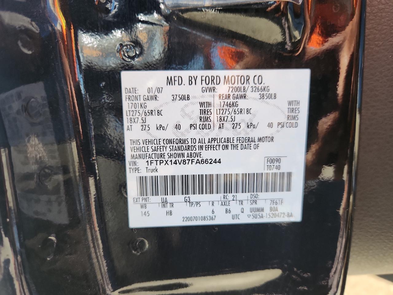 2007 Ford F150 VIN: 1FTPX14V87FA66244 Lot: 87050655